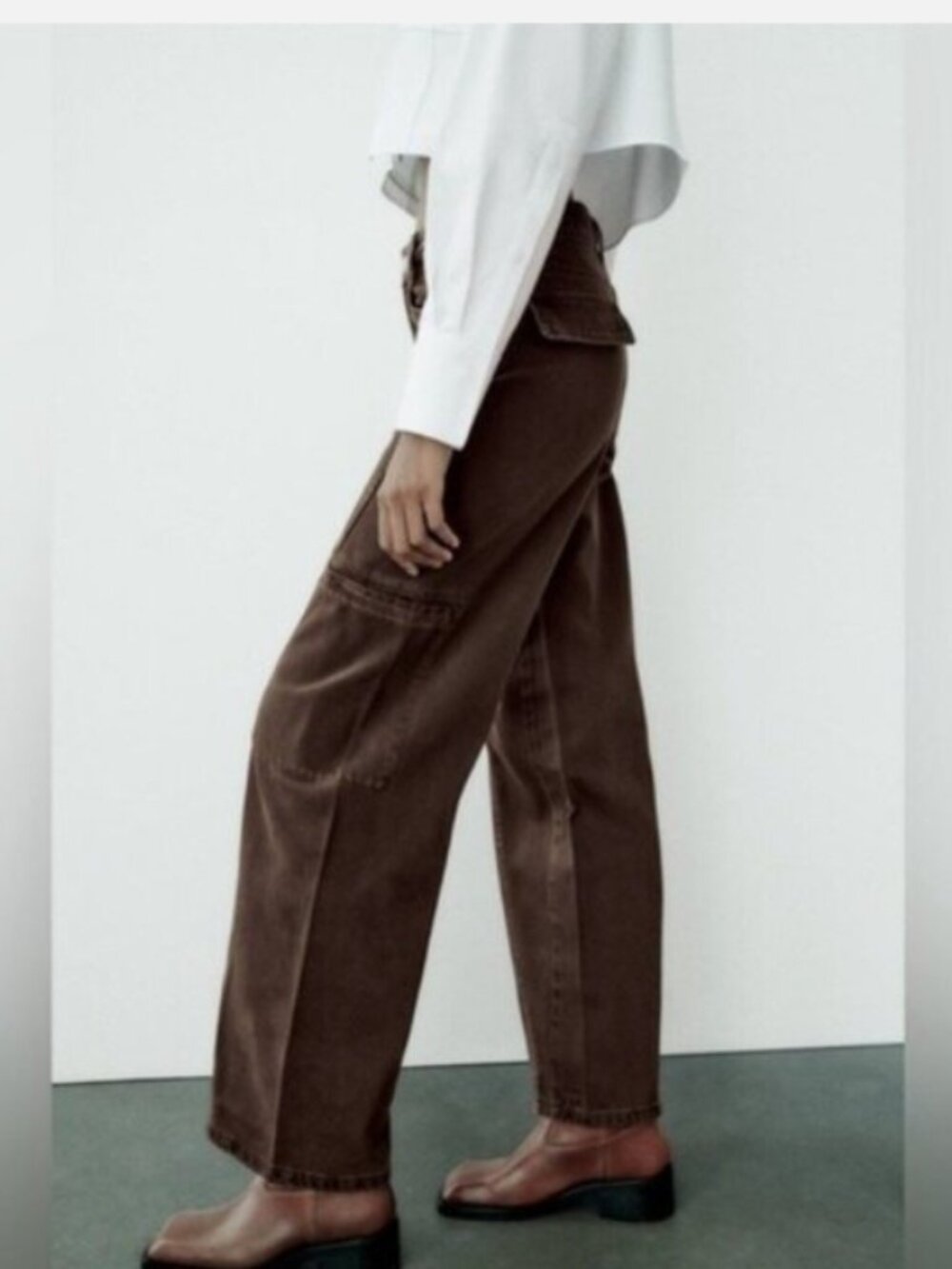 Zara Mid-Rise Brown Cargo Denim Pants Size 8 - Picture 3 of 13